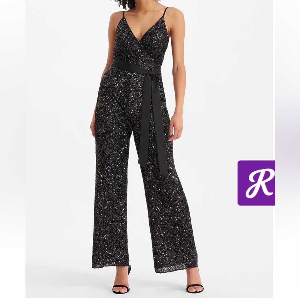 NWT Express Sequin V-Neck Tied Waist Wide Leg Jumpsuit